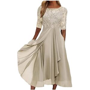 DolceTiger Ladies Summer Dress Women's Chiffon Dress Short Sleeve V Neck Splicing Lace Hollow Ladies Elegant Midi Dress Bridesmaid Evening Dresses Summer Dresses for Women UK (B-Gold, M)