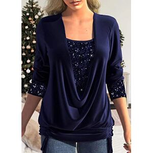 KRUPTI Women's Bead Piece Solid Color T-Shirt Long Sleeve Large Pendant Collar Pullover Blouse Loose Pleated Fake Two-piece Top Jumpers Elegant Tops,navy Blue,M