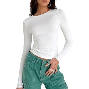 YILEEGOO Women's Casual Y2K Long Sleeve Slim Fit Tops Shirt Round Neck Tee Short Tops T-Shirt (Y2k-White, M)