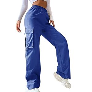 HOOUDO Wide Leg Cargo Trousers for Women Elastic High Waisted Ladies Cargo Pants with Pockets Causal Straight Leg Joggers Bottoms Teen Girls Y2k Streetwear Parachute Pants Blue