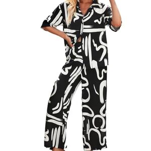 Pliouasz Women's 2 Piece Blouse Casual Summer Short Sleeve Tops V-Neck Button Down Shirts Blouse Tops Print High Waist Pants Lightweight Breathable Loose Elegant Leisure Suit(Color:Black,Size:L)