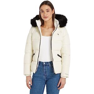 Calvin Klein Jeans Women Winter Jacket Faux Fur Hooded Fitted Short, White (Ivory), L