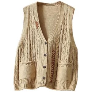 LCDIUDIU Women V Neck Knitted Vest Tops,Vintage Khaki Chunky Cable Knit Button Cardigan Sleeveless Waistcoats Bottoming Shirt Casual Sutures Tank Top Gilets Preppy Streetwear With Pocket,Beige,M