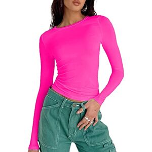 YILEEGOO Women's Casual Y2K Long Sleeve Slim Fit Tops Shirt Round Neck Tee Short Tops T-Shirt (Y2k-Rose red, M)