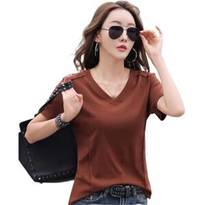 MITALITY T Shirts For Women Summer Women's Solid Color Casual Versatile Short-sleeved T-shirt V-neck Cotton Slim And Elegant Women's T-shirt-brown-l