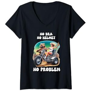 Mcbarge Womens No Bra No Helmet No Problem Fun and Bold Design V-Neck T-Shirt