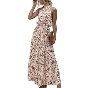 EFOFEI Women's Off Shoulder Elegant Dress Cocktail Evening Dress Party Boho Bohemian Dress Halter Neck Maxi Dress Dot Beige XS