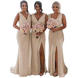 KURFACE Wedding Bridesmaid Dresses Plus Size Double V Neck Out Door Sleevelesss Formal Evening Party Gowns Champagne UK20