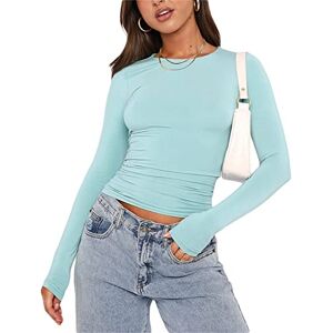 Loalirando Women Basic Short Sleeve/Long Sleeve Crop Top Skim Dupes Y2K Crewneck T-Shirt Solid Color Going Out Blouse Retro Streetwear, Light Blue, S