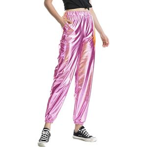 Cheap,Hot Sale! BGKKTLW Women's Casual Outdoor Shiny Metallic Elastic High Waist Cargo Pant Wet Look Hip Hop Baggy Jogger Pants with Pockets Pink