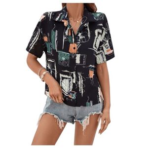 GORGLITTER Women's Vintage Shirt Button Down Short Sleeve Graphic Print Tops Party Causal Blouse Shirts Black L