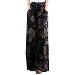 Haolei Summer Trousers for Women UK Sale Floral Trousers Wide Leg Elastic High Waisted Drawstring Pants with Pockets Cotton Linen Lounge Pants Breathable Beach Straight Cotton Linen Joggers Bottoms Ladies