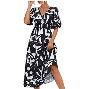 Generic Dresses for Women Casual V-Neck Print Puff Sleeve Short Sleeve Maxi Dress Summer Tucked-in Dresses That Hide Belly Fat White Dresses for Graduation Sundresses for Women Casual Beach Black XL