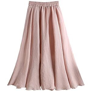 ORANZT Women's Linen Skirt Elastic Waist Band Long Maxi Skirt Bohemian Style Double Layer Solid Colour Crinkled Skirt Flush Hem - Pink