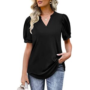 Aokosor Womens T Shirt Summer Top Ladies V Neck Tops Pleated Puff Sleeve Loose Tee Black Size 10-12