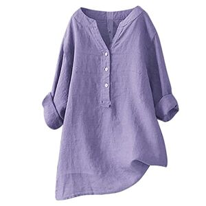 Qiuhhpuy Linen Blouse Women's Oversize Long Sleeve Loose Linen Blouse V-Neck Button Plain Blouses Shirt Summer Autumn Long Shirt Tops Tunic Long Tops, Purple3, XL