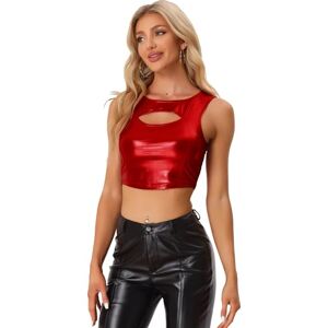 Allegra K Women's Hollow Out Crop Top Y2K Sleeveless Cut Out Party Clubwear Shiny Metallic Tank Tops Red M