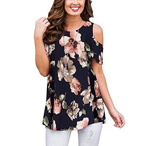 Closhion Women Casual Short Sleeve Cold Shoulder Floral Print Swing Tunic Tops Black XX-Large