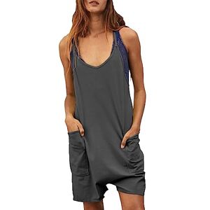 Generic Générique Womens Summer Casual Sleeveless Rompers Loose Spaghetti Strap Shorts Jumpsuit with Pockets Open Front Dress, grey, L