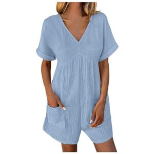 Bauzuoyo Women's Jumpsuit Shorts Summer Casual Solid Short Spaghetti Jumpsuit with Pocket Buckle Straps Summer Casual Playsuit V-Neck Elegant Jumpsuit Loose Short Sleeve One-Piece Dungarees, blue, XXL