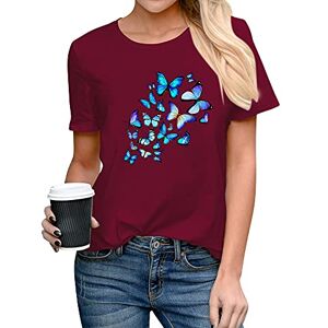 Dresswel Womens Tshirt Butterfly Graphic Print Crew Neck Short Sleeve Tee Shirt Ladies Summer Tops (Wine Red, L)