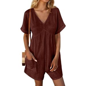 Semets Womens Short Sleeve Rompers Linen Textured V Neck Jumpsuit Summer Casual Loose Vacation Beach Outfits with Pockets (Brown,2XL)