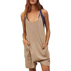 Generic Générique Womens Summer Casual Sleeveless Rompers Loose Spaghetti Strap Shorts Jumpsuit with Pockets Open Front Dress, khaki, XXL