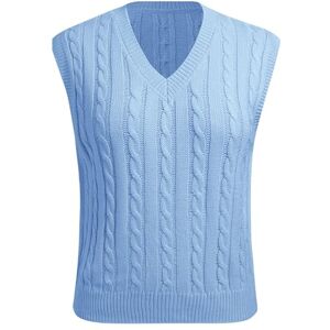 FYMNSI Women's Sleeveless V-Neck Sweater Vintage Knitted Vest, Sleeveless Jumpers for Women UK, Basic Casual Pullovers Ladies Cable Knit Crop Top Oversized Knitwear Tank Tops Fall Winter Blue 2XL