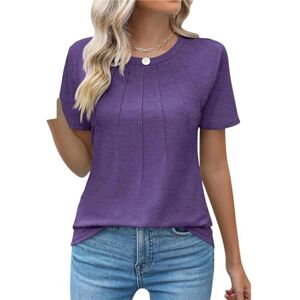 JLGYSX Shirt Womens Casual Crew Neck Short Sleeve Pleated Tops Blouses Clothes-Purple-L