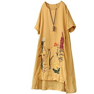 FTCayanz Women's Summer A-Line Embroidered Linen Dress Hi Low Long Tunic Yellow Large