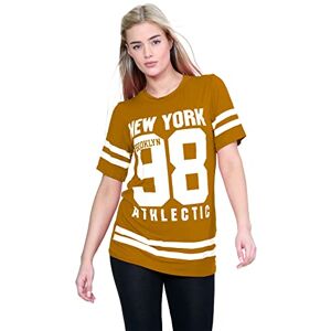 Uk janisramone Womens Ladies New Baseball Newyork 98 Brooklyn Stripe Print Oversized Baggy T Shirt Top Camel