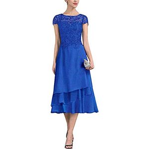 Leader of the Beauty Women's Chiffon Lace A Line Mother of The Bride Dress Tea Length Formal Dress Evening Party Gowns 16 Dark Blue