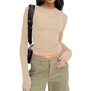 Yoisdtxc Women's Long Sleeve Slim Fit Cropped Top Casual Solid Color Crewneck Shirt Basic Shirt T Shirt Aesthetic Streetwear (B-Skin Color, S)