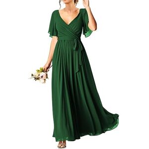 Short Sleeve Maid of Honor Gowns Elegant Ruched Plus Size A Line Wedding Guests Dress for Women Juniors with Pockets Emerald Green UK24