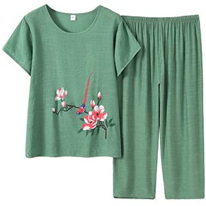 Rtdgcv Women's Trousers Suit Women's Summer Suit for Elderly Floral Print Mother Short Sleeve Cotton Silk Summer Clothes for Elderly Trouser Suit Two Piece Set Summer Clothes For Women, Green, XXXXL