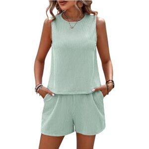 LCDIUDIU Womens 2 Piece Summer Outfits Co Ord Shorts Set, Pink Sleeveless Crew Neck Stripe Cropped Vest Elastic Waist Shorts Outfit Casual Beach Travel Lounge Wear Sets Green L