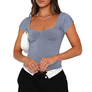 Femereina Women Basic Crop Top Short Sleeve Solid Round Neck Skinny Tops Cap Sleeve Slim Tee Shirt Cute Aesthetic Clothes (Blue, M)
