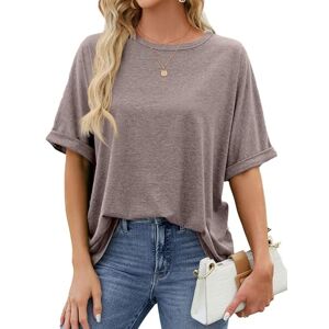 Abtel Ladies T-Shirt Crew Neck T Shirt Solid Color Summer Tops Comfy Pullover Women Short Sleeve Tee Dailywear Coffee L