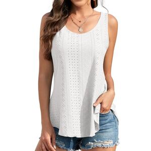 Aiseyi Vest Tops Women UK Summer Sleeveless Ladies Tank Tops Loose Fit Camisole Top Eyelet Embroidery Casual Top Scoop Neck Shirts Blouse for Holiday White XL