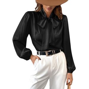 CUPSHE Satin Shirt Top for Women Bow Tie Long Sleeve Shiny High Neck Work Casual Blouses Black L