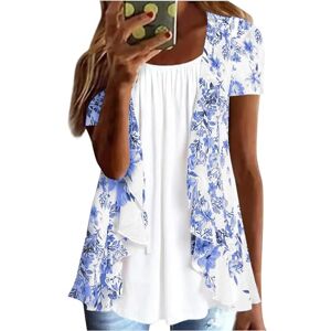 Qayyi Women Fake Two-Piece Blouses UK Sale Clearance Floral Printed Short Sleeves Crew Neck Shirts Summer Loose Pleated Ruffled Cardigan 2-in-1 Casual Tunic Tee Lining Patchwork Flowy Tops Plus Size 22