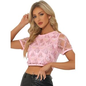 Allegra K Women's Sequin Shiny Glitter Crop Top Short Sleeves Party Tassel T-Shirt Light Pink XL