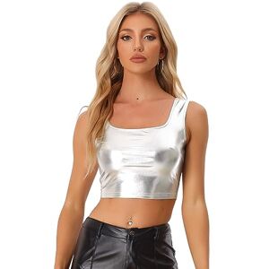Allegra K Women's Crop Top Vest Tank Top U Neck Sleeveless Party Clubwear Shiny Metallic Silver XS