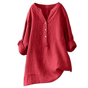 Generic Linen Henley Shirt for Women UK Autumn Womens Button Down Tops Plus Size Roll Long Sleeve Tunic Shirts V Neck Loose Casual T-Shirts Tunic Shirts Blouse Oversized Tees Tops Ladies Henley T-Shirt
