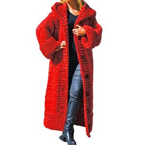 Lyfadon Women Hoodies Cardigans Long Sleeve Knitted Sweaters Hooded Cardigan Knitwear Loose Chunky Knit Ladies Big Red 5XL
