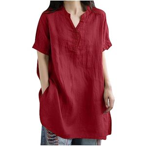 Tie Front Blouses For Women Uk Tunic Tops for Women Plus Size V Neck Shirts Cotton Linen Tops Loose Casual Short Sleeve Tunic Top Long Length Summer Plain T Shirt Tee Ladies Lagenlook Longline Blouse UK Sale Clearance Red
