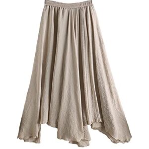 ORANZT Women's Linen Skirt Elastic Waist Band Long Maxi Skirt Bohemian Style Double Layer Solid Colour Crinkled Skirt - Khaki