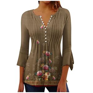 Kuih Womens Tunic Tops 3/4 Sleeves Ladies V Neck Flower Printed Top Casual Loose Comfy Breathe Blouse Elegant Button UP Pullover T-Shirt for Party Dance Office Size 8-16 Brown