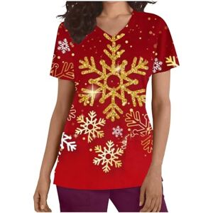 Blouses For Women Uk Plus Size AMhomely Christmas Shirts for Women Dressy Short Sleeve Plus Size Tops Funny Ugly Xmas Tree Snowflakes Snowman Print Casual Blouse Scrub Tops Formal Work Office Wear