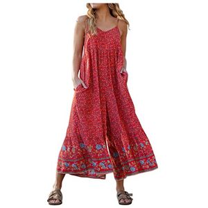 Janly Clearance Sale Jumpsuits for Womens, Women Boho Print Romper Long Playsuit Strap Loose Overalls Pocket Jumpsuit for Summer Holiday